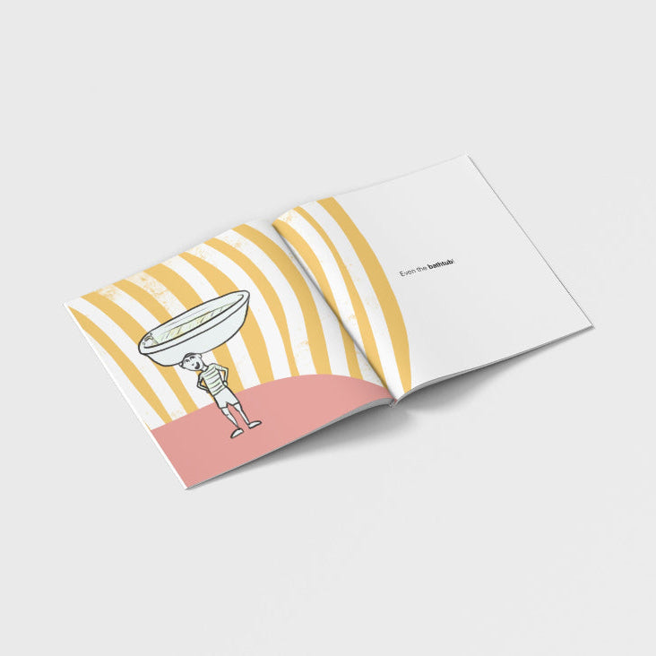 'Henry's Hats' book featuring a cartoon illustration of a boy with a bathtub on his head, striped yellow background by Michelle Macnamara, Australia Author