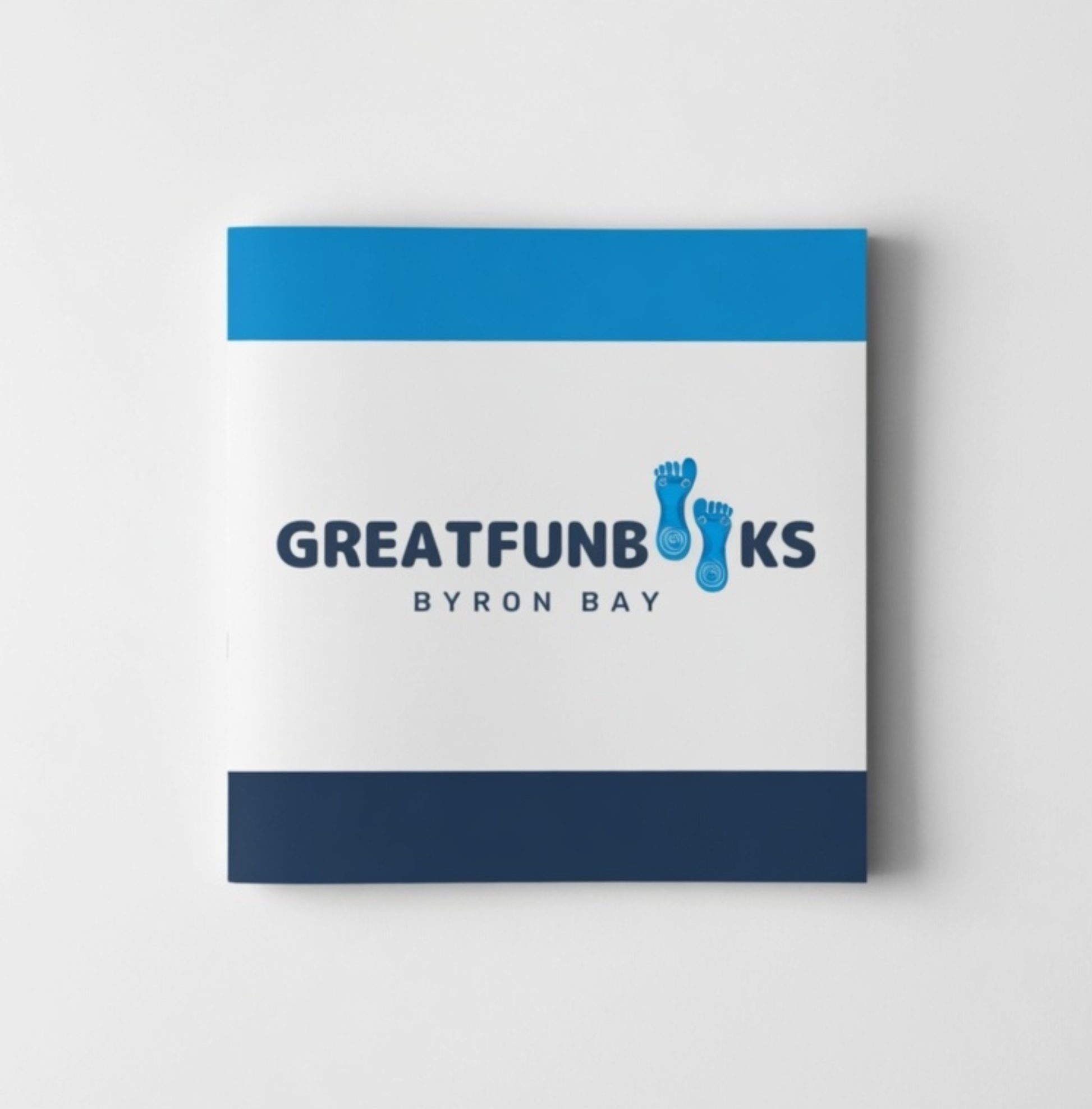 Book mockup with 'Great Funn Books Byron Bay' logo on a white background