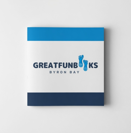 Book mockup with 'Great Funn Books Byron Bay' logo on a white background