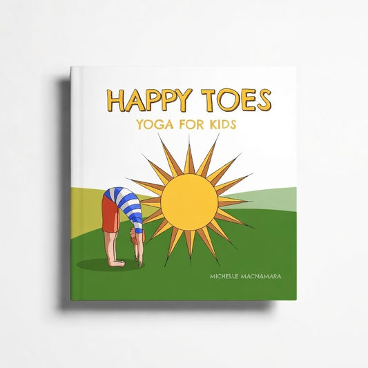 Book cover of 'Happy Toes: Yoga for Kids' with a child doing yoga and a sun illustration.