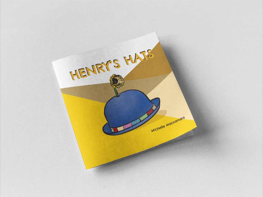 A book cover for 'Henry's Hats' featuring a cartoon illustration of a boy wearing a blue hat with red and yellow accents on a yellow background by Michelle Macnamara, Australia Author