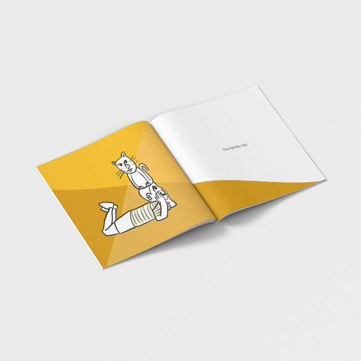 'Henry's Hats' featuring a cartoon illustration of a cat sitting on a boys head with yellow accents on a white background by Michelle Macnamara, Australia Author