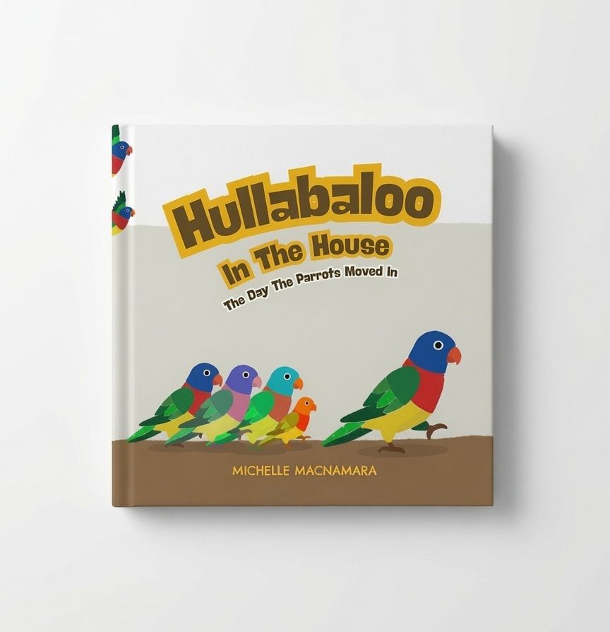 Book cover of 'Hullabaloo in the House' with colorful parrot illustrations on a white background