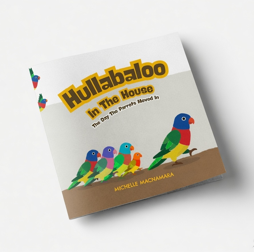 Children's book titled 'Hullabaloo in the House' with colorful parrot illustrations on a white background.