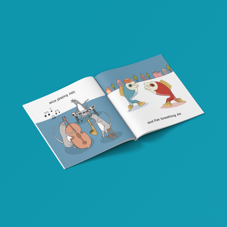 Children's book titled 'If Penguins Wore Pants' with coloruful illustration of mice playing jazz and walking fish
 by Australian Kids Author Michelle Macnamara