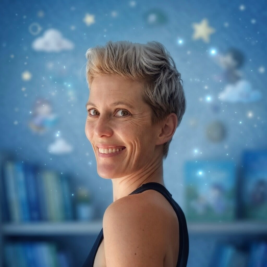 Michelle Macnamara Author and Illustrator and creative at Independent publisher Great Fun Books Co in byron bay against a blue blurred background with books and stars