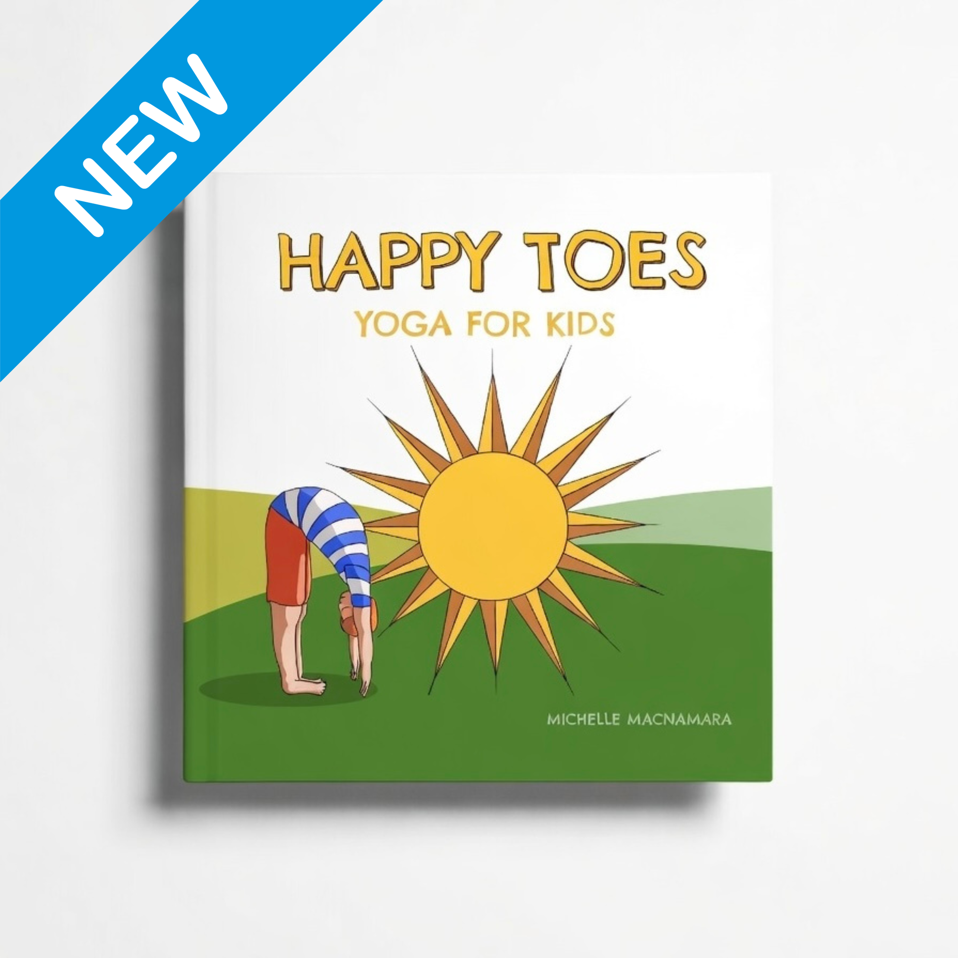 Book cover of 'Happy Toes: Yoga for Kids' with a child doing a yoga pose and a sun illustration.
