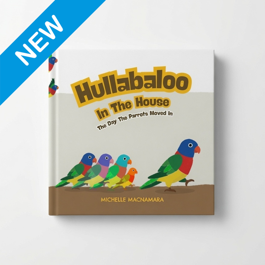Book cover of 'Hullabaloo In The House' with colorful parrots on a white background
