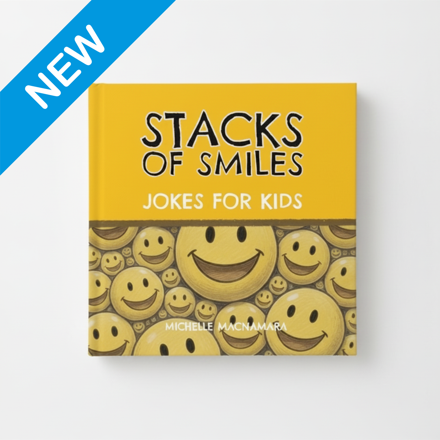 Book titled 'Stacks of Smiles: Jokes for Kids' with smiley face design on a white background
