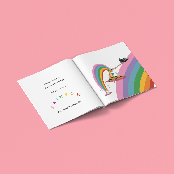 A colorful book titled 'Pip & Dodger' with an illustration of two birds in a rainbow-painted page set against a pink background by Michelle Macnamara, Australian Kids Book auther

