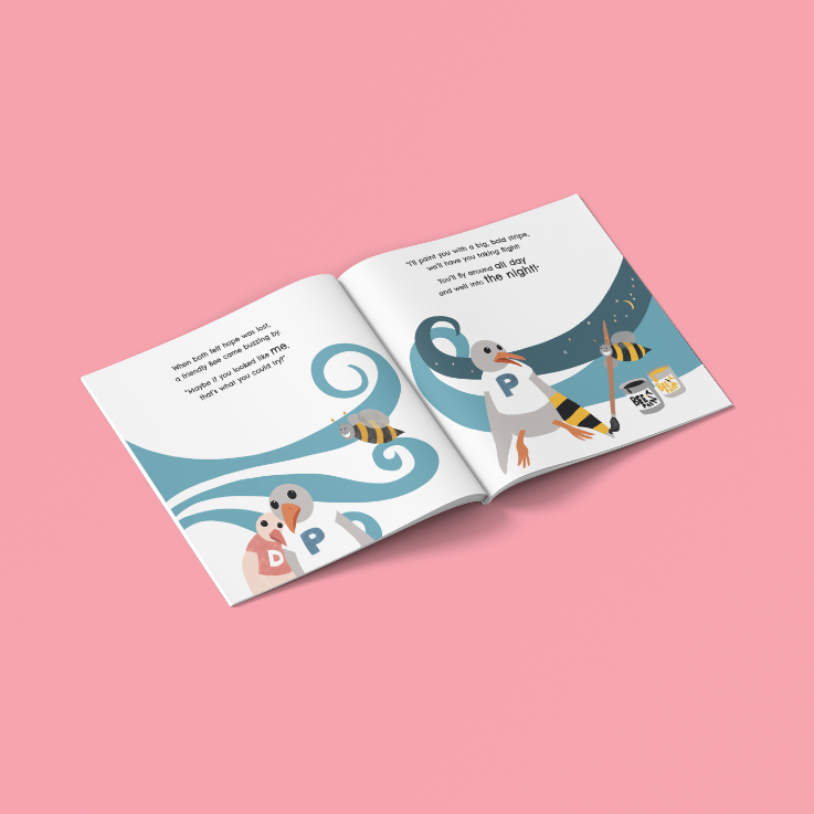 A colorful book titled 'Pip & Dodger' with an illustration of two birds in fun windy setting with bees by Michelle Macnamara, Australian Kids Book auther
