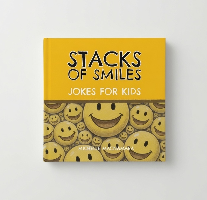 Book titled 'Stacks of Smiles: Jokes for Kids' with smiley face design on a white background
