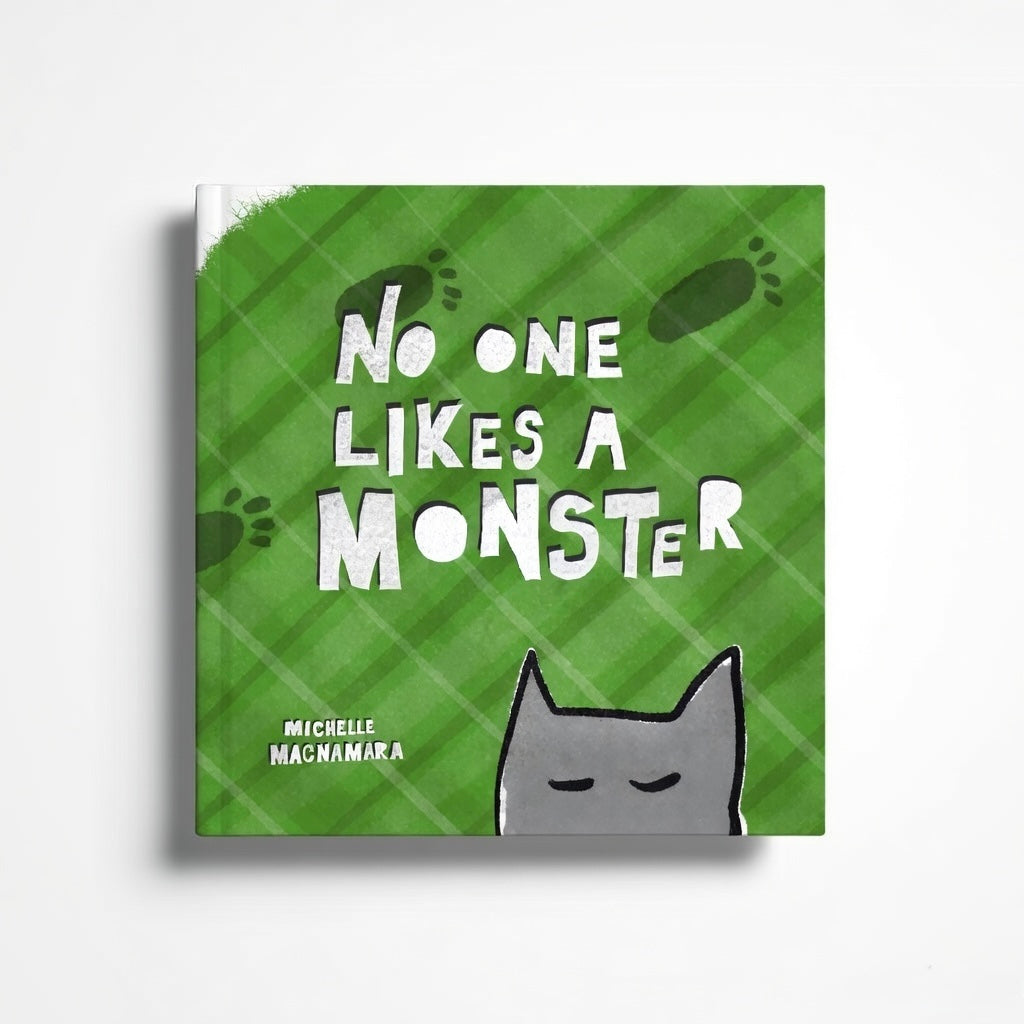 Book cover of 'No One Likes a Monster' with a green background and cat illustration.