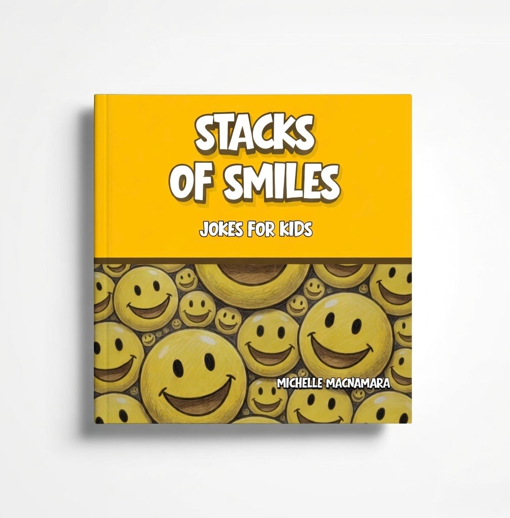 Book cover of 'Stacks of Smiles: Jokes for Kids' with smiley face design and yellow background