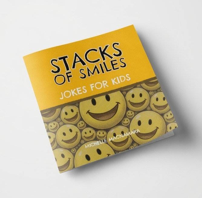 Book titled 'Stacks of Smiles: Jokes for Kids' with smiley face design on a white background